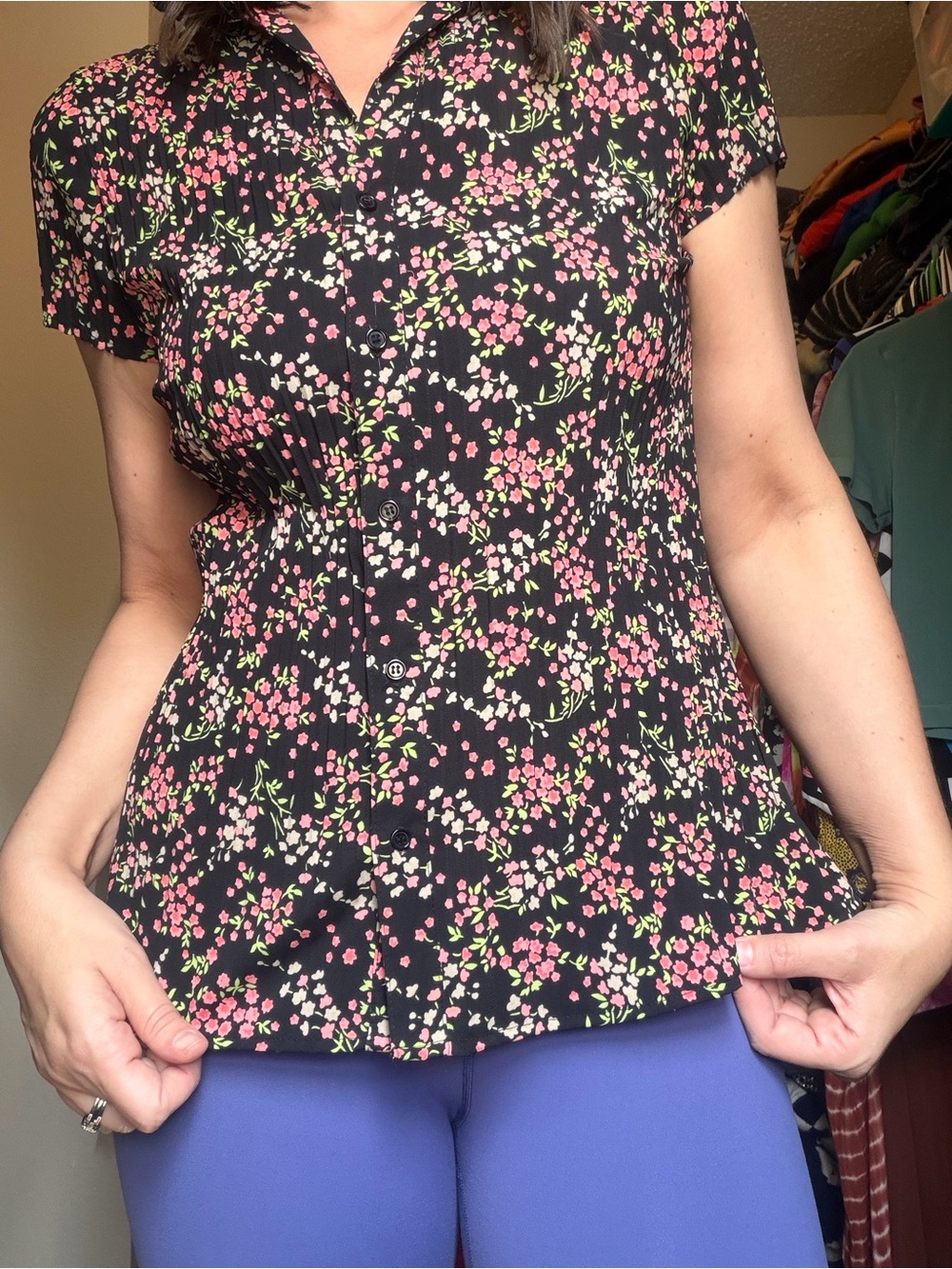 Apt. 9 Black Button-Down Top with Pink and White Floral Print